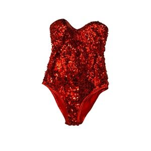 Vtg Forplay Red Sequined Strapless Heart Bunny Bodysuit Made USA Valentines Day